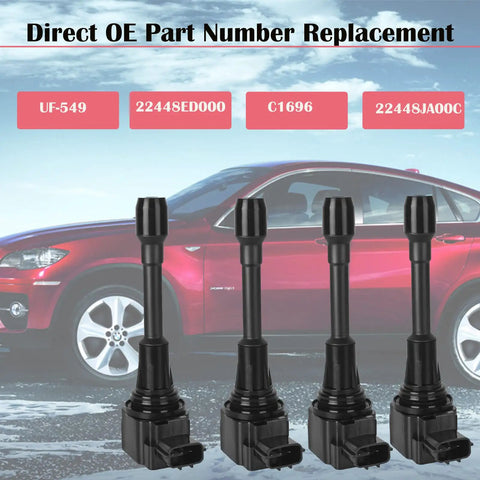 Set Of 4 Ignition Coil Packs And Spark Plugs For Nissan Vehicles Altima Versa Sentra Rogue Cube NV200 2.5L 2.0L 1.8L 1.6L L4 Replaces UF549 9029 Fits 2007 2018 Nissan Models image with OE part numbers in background.