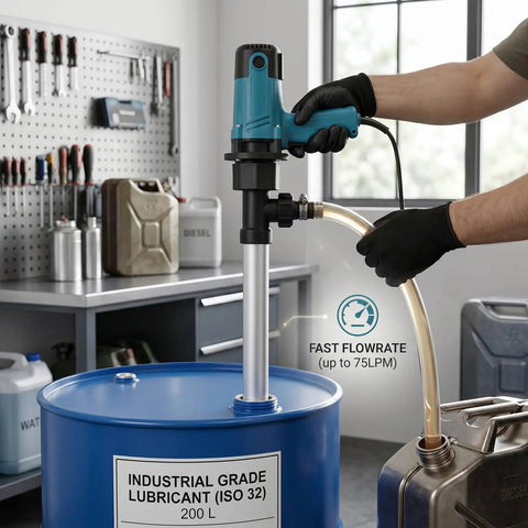 Odorkle 8000RPM Electric Drum Pump With Aluminum Pipe For Oil, Water And Derv Fast Flow Rate Up To 75LPM Versatile Solution For Safe Liquids Us Plug Compatible High Performance Fluid Transfer