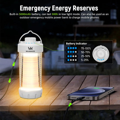 Rechargeable Camping Lantern With RGB Light 550LM Brightness Waterproof Tent Light with phone charging feature on table