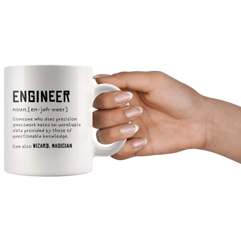Hand holding Engineer Definition Funny Gift Mug For Engineering Students Teachers And Pros Nerdy 11 oz white ceramic coffee mug