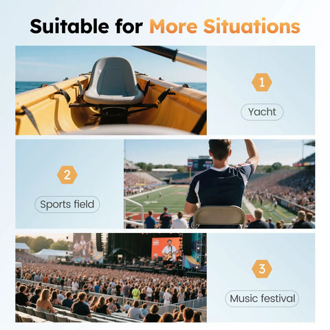 Image of a versatile seating setup for yacht, sports field, and music festival, highlighting adaptability to various outdoor settings.