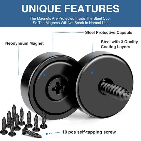 MIKEDE neodymium cup magnets with holes, black steel capsule, 70 lb pull; 10-pack with self-tapping screws