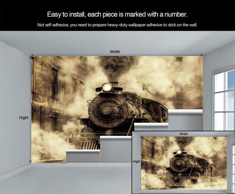 Retro Steam Train Wall Mural for Living Room and Bedroom Featuring an Old Locomotive on the Rails in HD Silk Cloth Classic Steam Engine Wall Art 197 Inches Wide by 118.2 Inches High Not Peel and Stick in a Room Setup