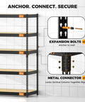 Beefy 4000 Lbs Five Tier Metal Garage Shelving Unit With 72 Inch High, 48 Inch Wide, 24 Inch Deep, Matte Black Powder Coat Finish, Heavy Duty Steel Storage Rack Built To Last In Tough Garage wall anchor and connector detail