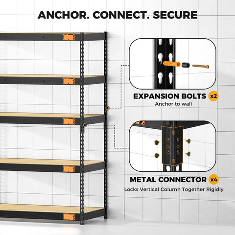 Beefy 4000 Lbs Five Tier Metal Garage Shelving Unit With 72 Inch High, 48 Inch Wide, 24 Inch Deep, Matte Black Powder Coat Finish, Heavy Duty Steel Storage Rack Built To Last In Tough Garage wall anchor and connector detail