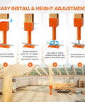 2 Pack 4X4 Adjustable Screw Jack Posts For Leveling Homes, Heavy Duty Steel crawlspace supports in a guided installation setup.