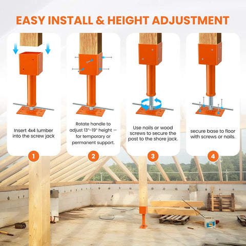 2 Pack 4X4 Adjustable Screw Jack Posts For Leveling Homes, Heavy Duty Steel crawlspace supports in a guided installation setup.