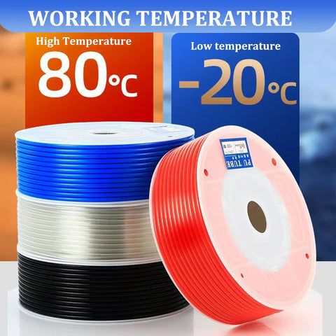 Coils of Blue PU Air Hose 4mm OD 2.5mm ID, 525 ft long, displayed with temperature range -20°C to 80°C for pneumatic systems.