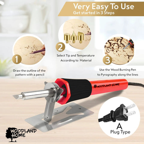 Pro Grade Wood Burning Kit With Letters For Pyrography Adjustable Temperature Pen Safety Stand 27 Tips and A Plug Type