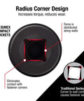 Radius corner design diagram of five piece three eighths and one half inch drive impact adapter and universal joint set, heavy duty CRMO steel.