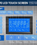 LCD touch control panel of Industrial 550 Lbs Per Day Commercial Ice Maker with 300 Lbs Storage Bin, showing status prompts and functions.