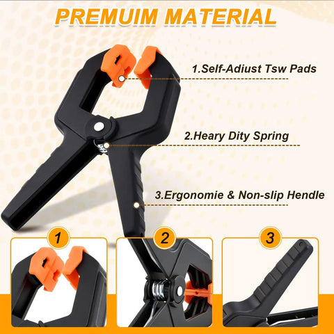 10 Pack Heavy Duty Spring Clamps For Woodworking And DIY Projects showing self-adjusting pads and non-slip handle details.
