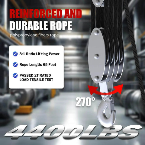 Heavy Duty Rope Hoist With Pulley Block And Tackle 4400Lb Capacity 65ft 8 To 1 Lifting for garage warehouse building, metal bearings