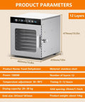 Premium Electric Food Dehydrator Machine With 12 Stackable Trays, stainless steel, 15.8x18.8in, suitable for beef jerky and dried fruits.