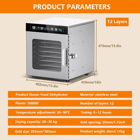 Heavy Duty Stainless Steel Electric Food Dehydrator With 12 Roomy Trays And Massive Capacity, showing front and side details.