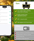 Solar Powered Smart Sprinkler Timer With WiFi app interface shown on phone with comparison chart of features and benefits