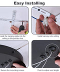 Instructions for installing Black Dope Two Ring LED Chandelier For High Ceilings with hand securing screws and adjusting cords.