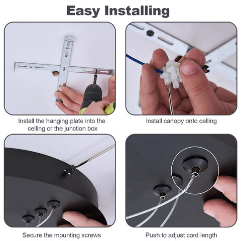 Instructions for installing Black Dope Two Ring LED Chandelier For High Ceilings with hand securing screws and adjusting cords.