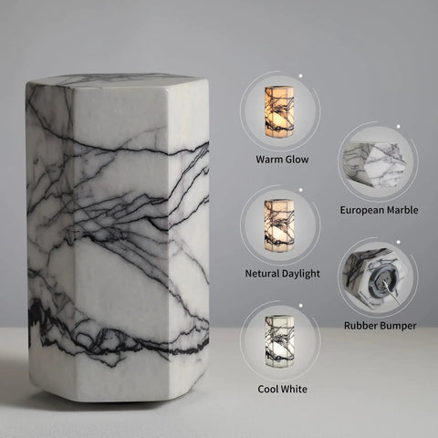 Real Marble Hexagon Table Lamp With Tri Color Dimmable LED, Handcrafted Stone Bedside Lamp showing warm glow and marble texture