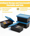 Stackable Mini Tote Bins With Lids For Desk Organization And Craft Storage Blue open and stacked with office supplies.