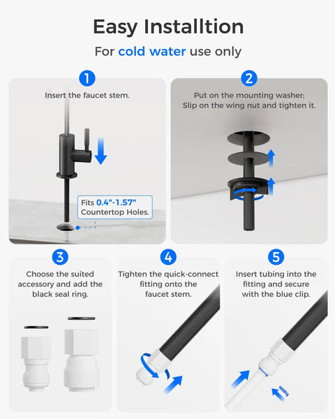 Easy installation steps for Black Reverse Osmosis Kitchen Sink Faucet For Under Counter Water Filtration Systems Nsf Certified Lead Free.