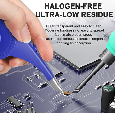 Pro Grade Desoldering Wick Set SR20 Two Sizes Solder Wick Braids 0.04 Inch And 0.08 Inch used on PCB close-up