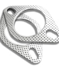Front view of two perforated stainless steel exhaust flange gaskets with central bore and 2.5-inch size.