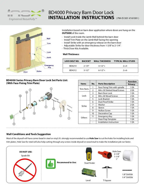 Barn Door Privacy Lock With Concealed Bolt And Ada Turn Square Rose, 3-1/2 Inch Backset, installation instructions