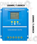 Front view of High Efficiency MPPT Solar Charge Controller 60A 80A 100A with LCD, blue casing, 180mm x 190mm size.