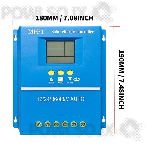 Front view of High Efficiency MPPT Solar Charge Controller 60A 80A 100A with LCD, blue casing, 180mm x 190mm size.