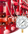 Fire System Pressure Gauge Kit 3.5 Inch Zero To 300 PSI Dual Scale With Quarter Inch NPT Lower Mount in industrial setting