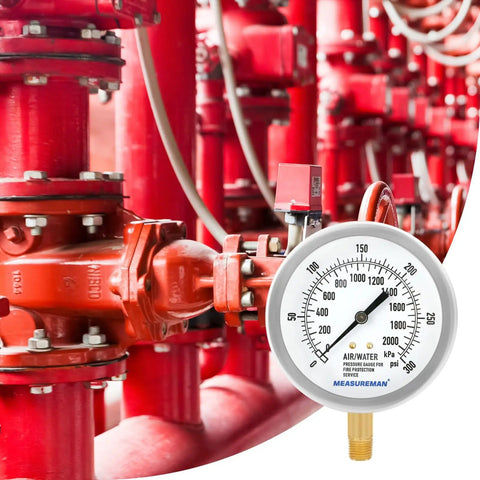 Fire System Pressure Gauge Kit 3.5 Inch Zero To 300 PSI Dual Scale With Quarter Inch NPT Lower Mount in industrial setting