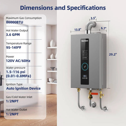 Dimensions and specifications of Premium Propane Tankless Water Heater Delivers Rock Solid 3.6 Gpm Instant Hot Water For Family Showers And Kitchens With Dependable Eighty Six Thousand Btu Output All Day.