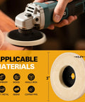 Heavy Duty 3 Inch Wool Felt Polishing Pads For Angle Grinders, 0.4 inch center hole, used on wood surfaces.