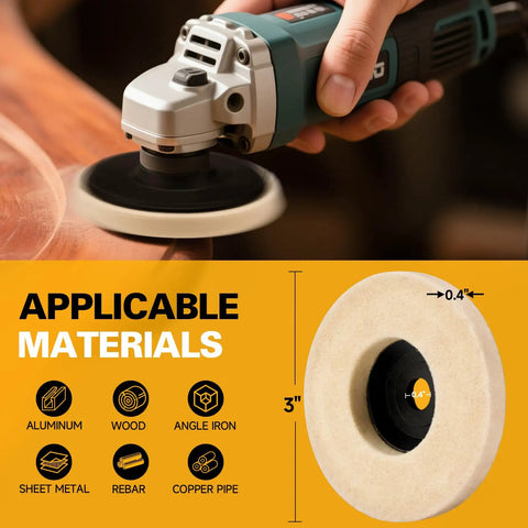 Heavy Duty 3 Inch Wool Felt Polishing Pads For Angle Grinders, 0.4 inch center hole, used on wood surfaces.