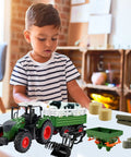 Child playing with Tractor With Trailer Farm Toy Set For Kids Sixteen Point Five Inch 1 24 Scale With Gripper Front Loader