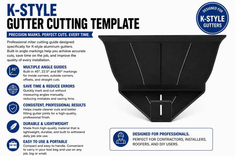 Premium Six In K Style Gutter Cutting Template With Dead On Forty Five Twenty Two Point Five And Ninety Degree Miter Layout Guides For Zero Sweat Aluminum Roof Drainage Installations, showing angle guides.