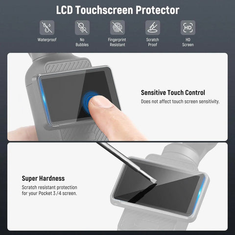 LCD touchscreen protector for DJI Osmo Pocket 3 and 4 showing sensitive touch control and scratch resistance