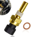 Front view engine coolant temperature sensor with brass body, white seal, black plastic base; copper washer.