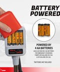 TERA PUMP TRFA03-XL battery-powered fuel transfer pump with red cap and 4 AA batteries (front)