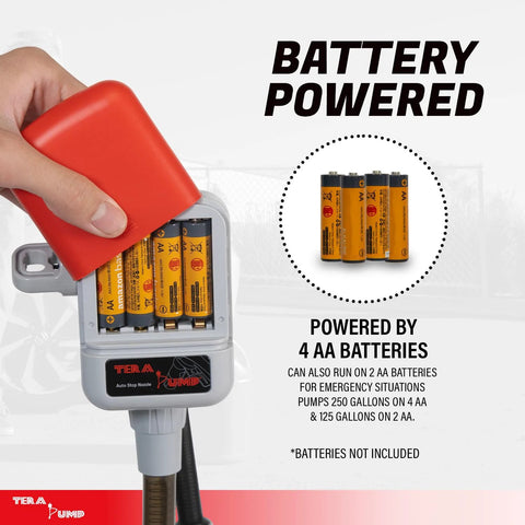 TERA PUMP TRFA03-XL battery-powered fuel transfer pump with red cap and 4 AA batteries (front)
