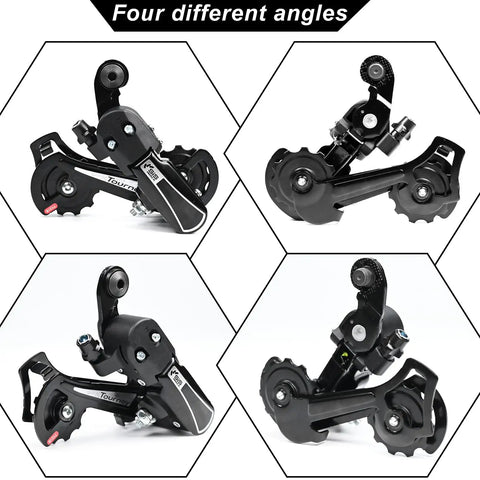 Four angles of Rear Derailleur RD-TY21B for six or seven speed bikes direct mount upgrade with aluminum alloy and 11T pulleys