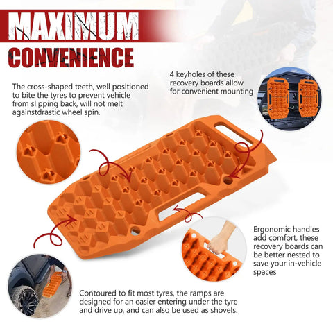 Extendable Offroad Traction Tracks With Jack Base multifunction recovery mat showing orange traction board and keyholes design.