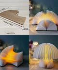 Walnut Finish Mushroom Lamp With White Striped Glass Retro Mid Century Table Light displaying warm glow and curved silhouette.