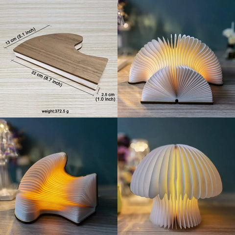 Walnut Finish Mushroom Lamp With White Striped Glass Retro Mid Century Table Light displaying warm glow and curved silhouette.