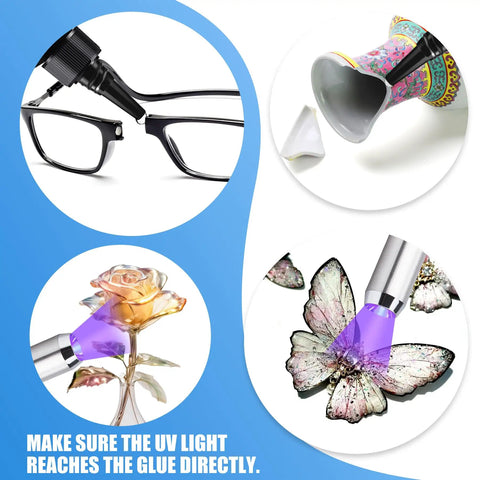Dope UV Resin Kit With Light For Quick Curing And Strong Bonding used on glasses, vase, floral art, and butterfly model