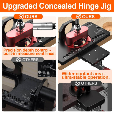 Concealed Hinge Jig With Quick Clamp And Dust Vacuum Adapter For 35mm Cabinet Doors, showcasing precision depth control.