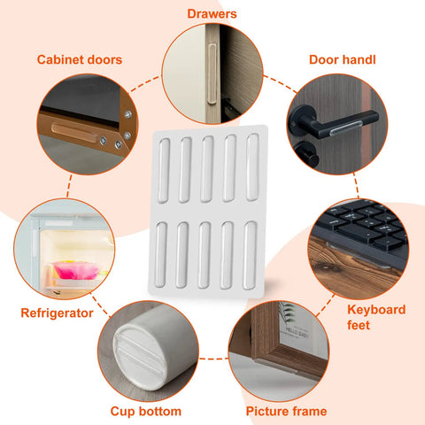 Heavy Duty Silicone Cabinet Door Bumpers, Ultra Grippy Self Adhesive Anticollision Tape, Pro Level Noise Dampening Pads For Kitchen Cabinets And Wood Furniture in various applications.