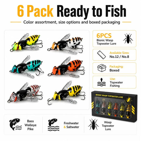 Bionic Wasp Topwater Lure for Freshwater and Saltwater, box of 6 colorful wasp-shaped hard baits with No 12 hooks