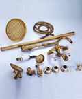 UBNMIUBV Shower System, Wall Mount Outdoor 8" Rain Shower Faucet Set Antique Brass with dual handles and hose.